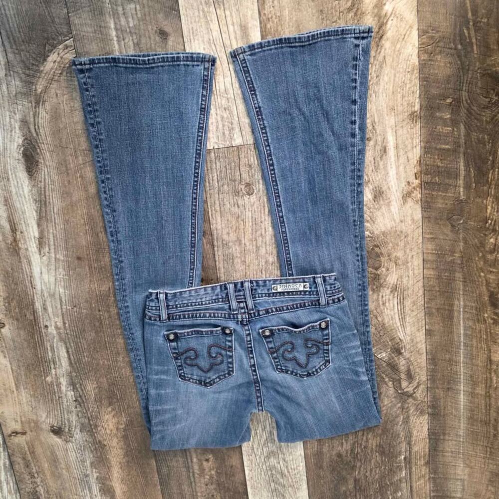 Y2K Low Rise Flare Jeans ReRock for Express Embroidered Pocket Size 0